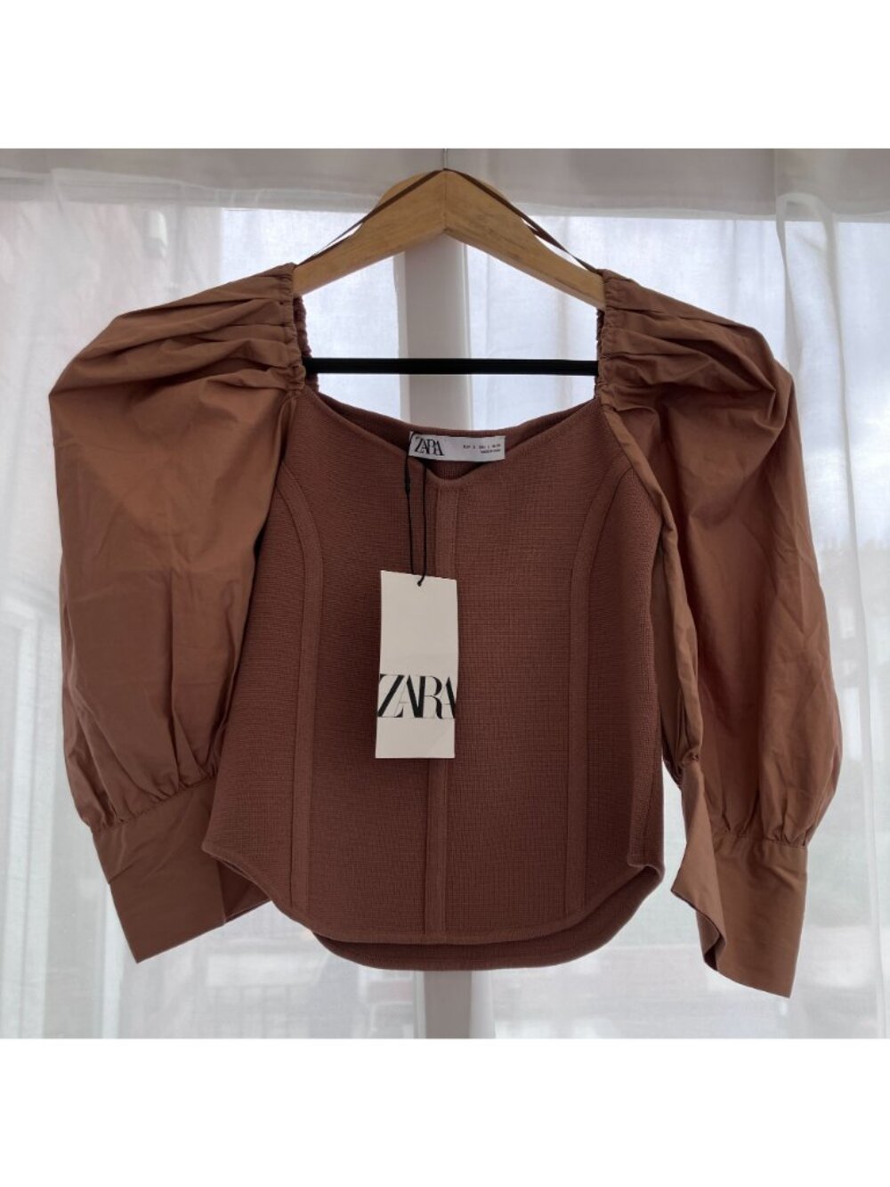 Zara Womens Poplin Puff Sleeve Nylon Corset Crop Top Size Small Brown SP NWT - Picture 2 of 12